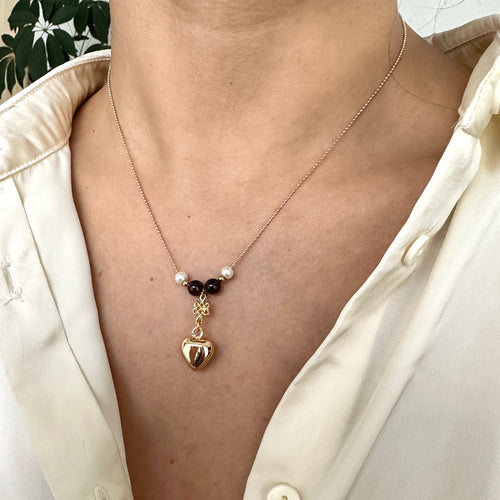 Collar Nudo celta - Corazón con Granate y Perlas